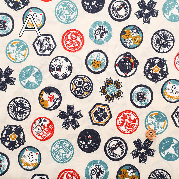 Cotton Scare Printed Fabric - Nyanko-da-Wa Family Crest Cat - nomura tailor