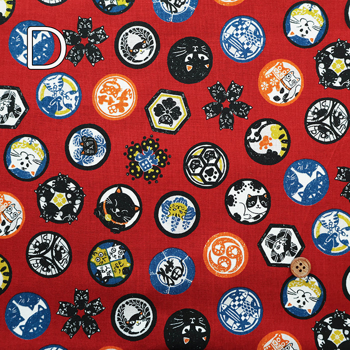 Cotton Scare Printed Fabric - Nyanko-da-Wa Family Crest Cat - nomura tailor