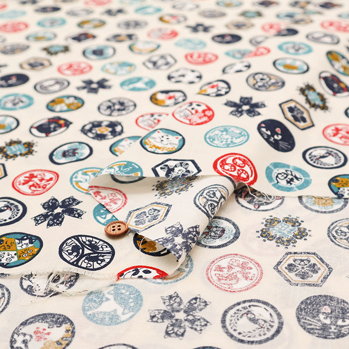Cotton Scare Printed Fabric - Nyanko-da-Wa Family Crest Cat - nomura tailor
