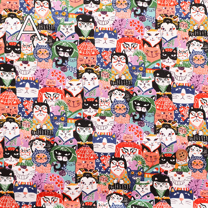 Cotton Scare Printed Fabric - Nyanko-da-Wa Kabuki Cat - nomura tailor