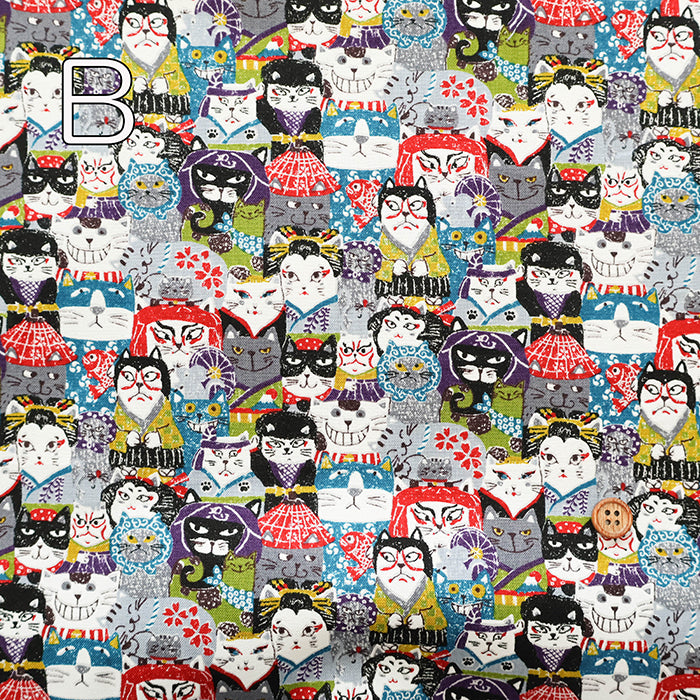 Cotton Scare Printed Fabric - Nyanko-da-Wa Kabuki Cat - nomura tailor