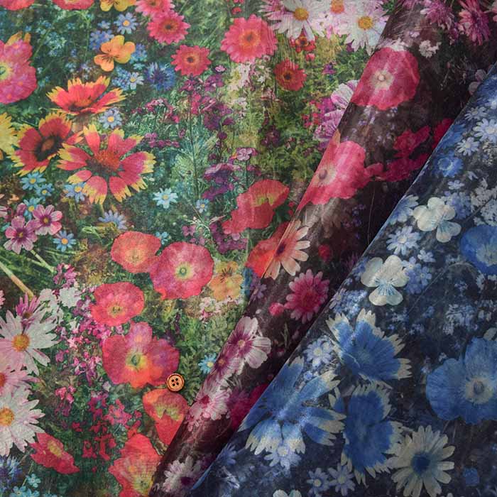 floral polyester dress fabric Floral Printed Polyester Charmeuse - Dusty Blue/Purple/Tan/White