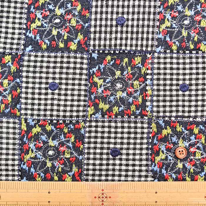 Indian AP FASHION Silk Patchwork Embroidered Fabric - Check & Flower - nomura tailor