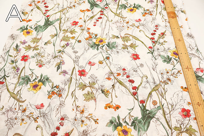 Linen Muslin printed Fabric - Botanical Flower - nomura tailor