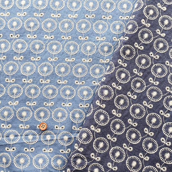 Cotton Indigo Light Denim Embroidery Lace Fabric - nomura tailor