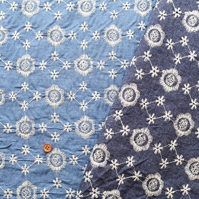 Cotton Indigo Light Denim Embroidery Lace Fabric - nomura tailor