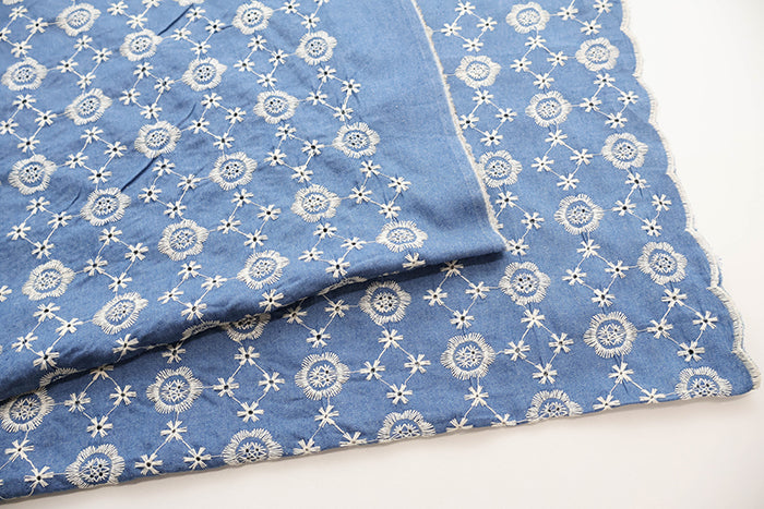 Cotton Indigo Light Denim Embroidery Lace Fabric - nomura tailor