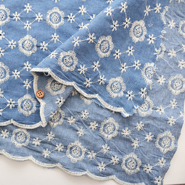 Cotton Indigo Light Denim Embroidery Lace Fabric - nomura tailor