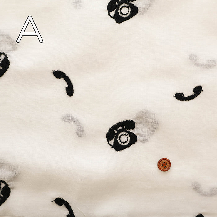 Cotton Cambric Embroidered Fabric - Retro Appliances, Black Telephone - nomura tailor