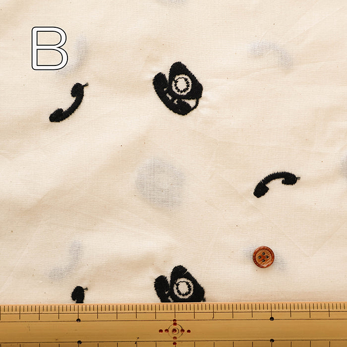 Cotton Cambric Embroidered Fabric - Retro Appliances, Black Telephone - nomura tailor