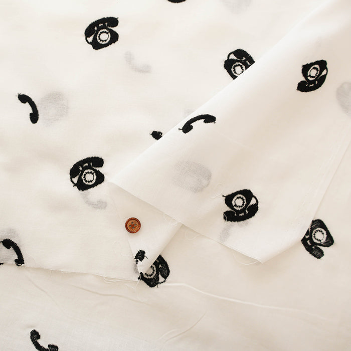 Cotton Cambric Embroidered Fabric - Retro Appliances, Black Telephone - nomura tailor