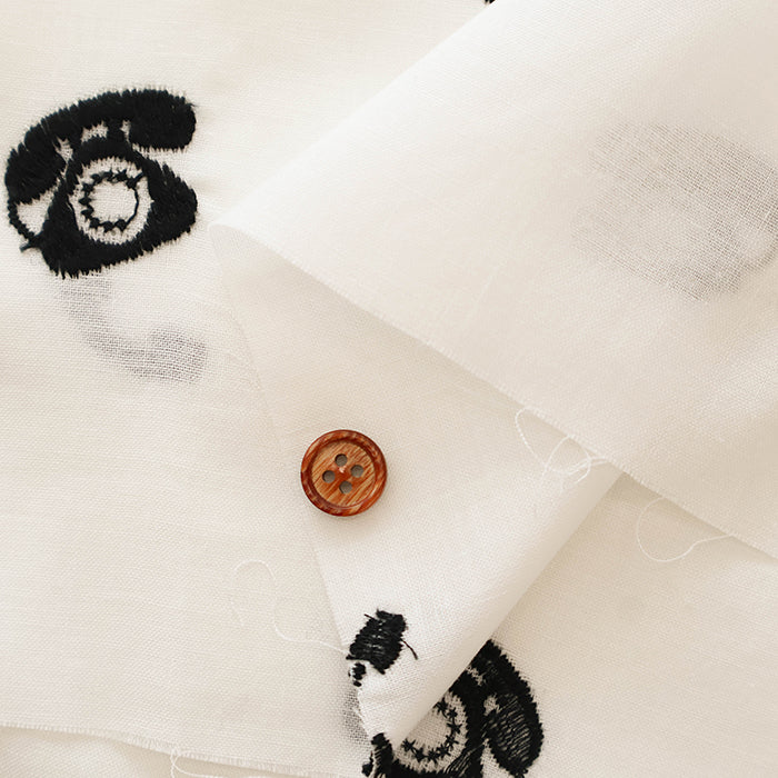 Cotton Cambric Embroidered Fabric - Retro Appliances, Black Telephone - nomura tailor