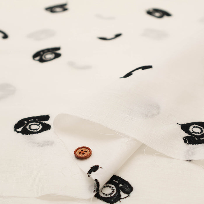 Cotton Cambric Embroidered Fabric - Retro Appliances, Black Telephone - nomura tailor