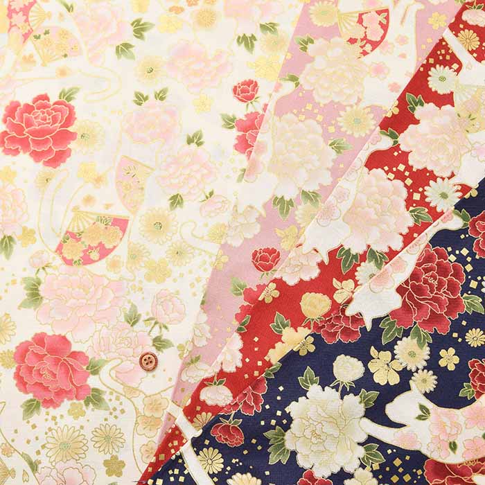Cotton muslin Printed Fabric - Cat and Fan - nomura tailor