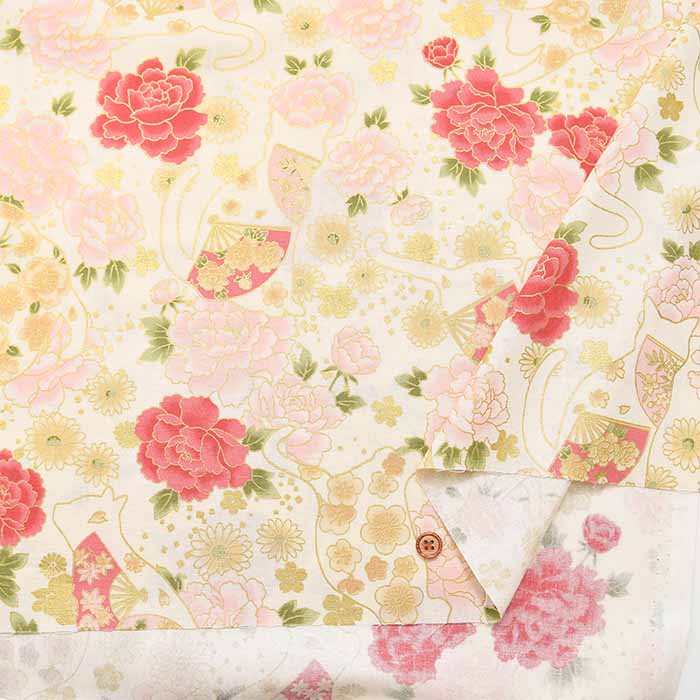 Cotton muslin Printed Fabric - Cat and Fan - nomura tailor