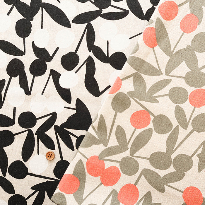 C/L Canvas Print Fabric - Cherry Pom Pom - nomura tailor