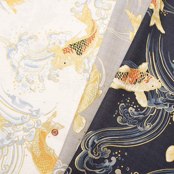 Cotton Dobby Glitter Printed Fabric - Japanese Pattern - Waves and Koi Fish - nomura tailor