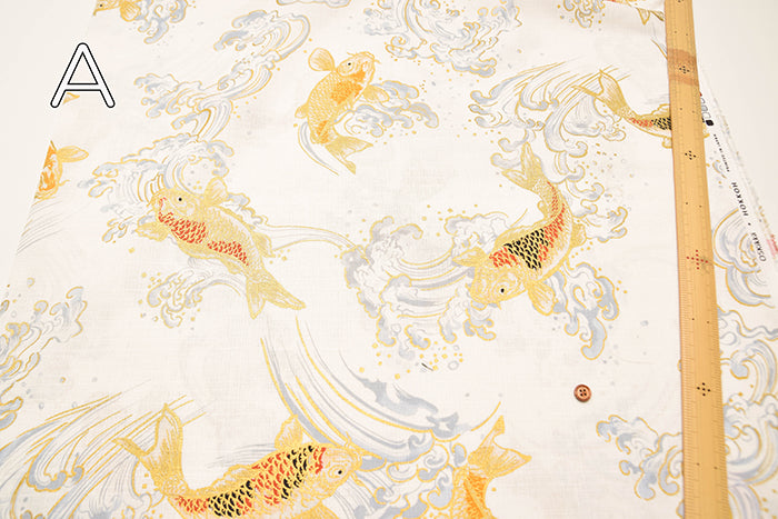 Cotton Dobby Glitter Printed Fabric - Japanese Pattern - Waves and Koi Fish - nomura tailor