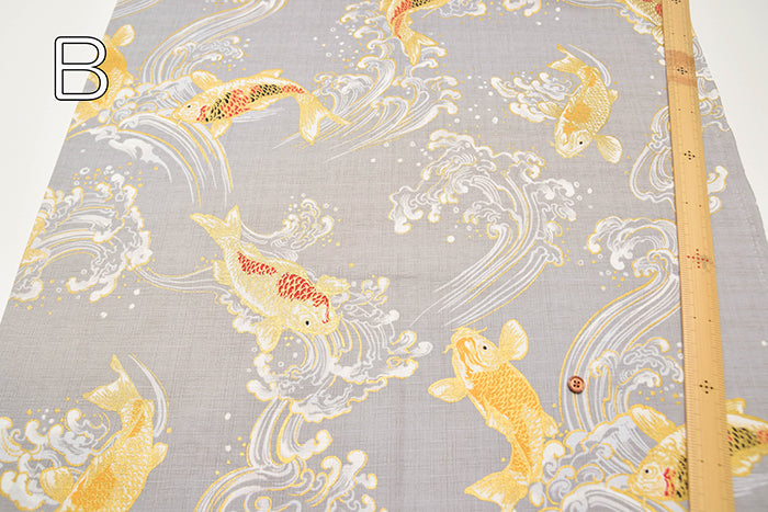 Cotton Dobby Glitter Printed Fabric - Japanese Pattern - Waves and Koi Fish - nomura tailor
