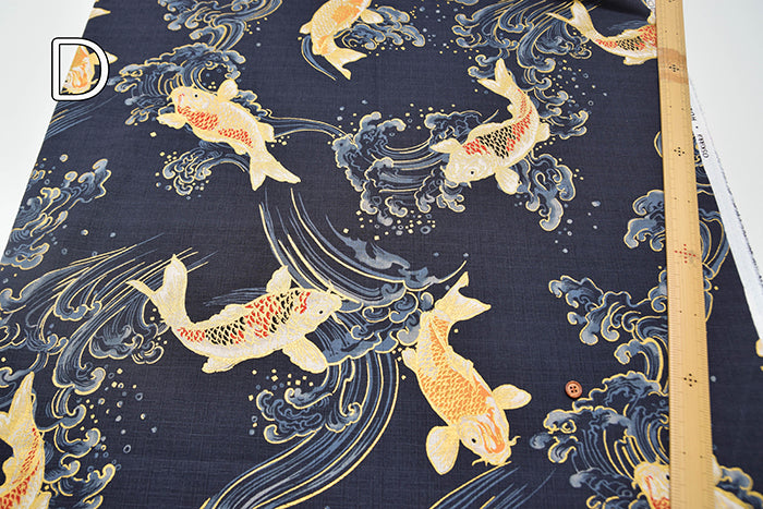 Cotton Dobby Glitter Printed Fabric - Japanese Pattern - Waves and Koi Fish - nomura tailor