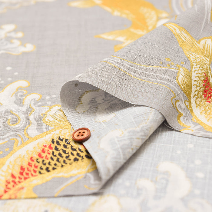 Cotton Dobby Glitter Printed Fabric - Japanese Pattern - Waves and Koi Fish - nomura tailor