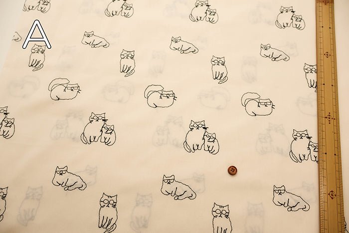 200 Thread Count Broadcloth Embroidered Fabric - Glasses Cat - nomura tailor