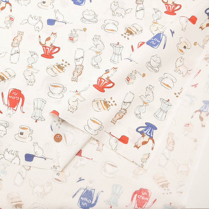 Cotton muslin Fabric - Cat's Playground - Coffee and cat - nomura tailor