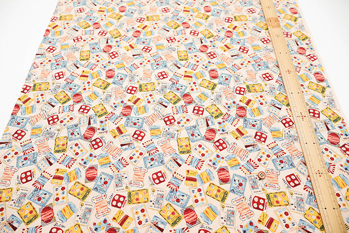Cotton Muslin Printed Fabric - Cheery Days - Buttons and Thread Reels - nomura tailor