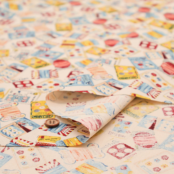 Cotton Muslin Printed Fabric - Cheery Days - Buttons and Thread Reels - nomura tailor