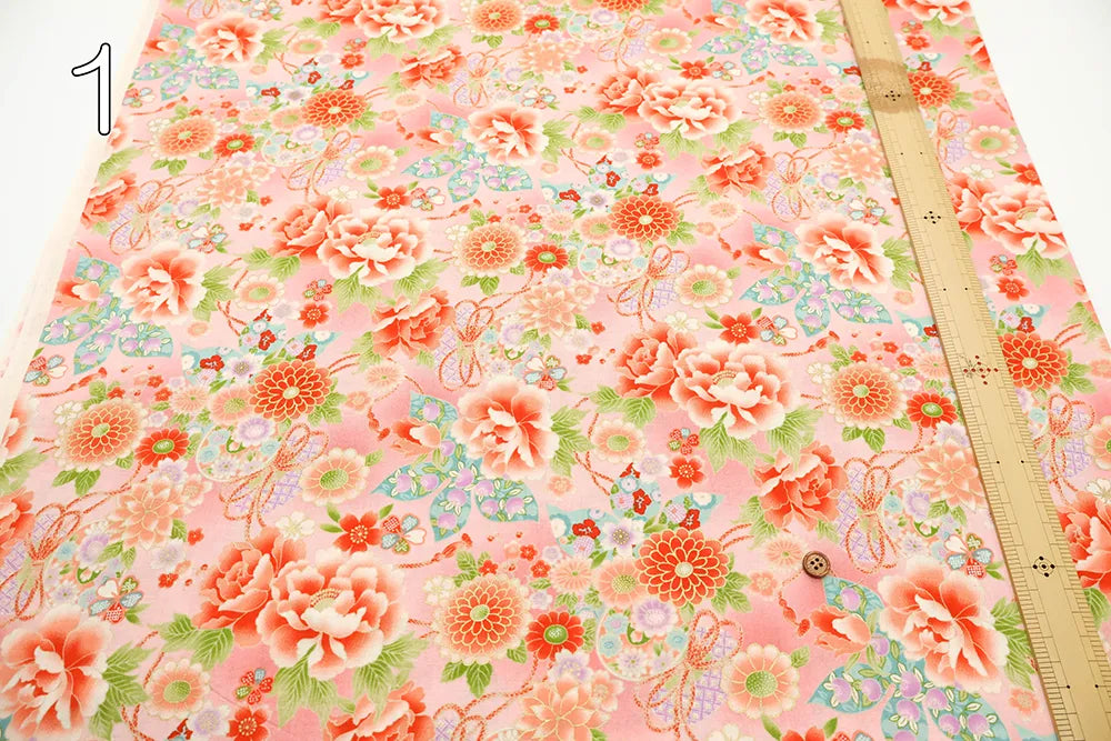 Cotton Sharting Printed Fabric - Hanakin Japanese Pattern - Peony, Chrysanthemum, Hollyhock and Drum - nomura tailor
