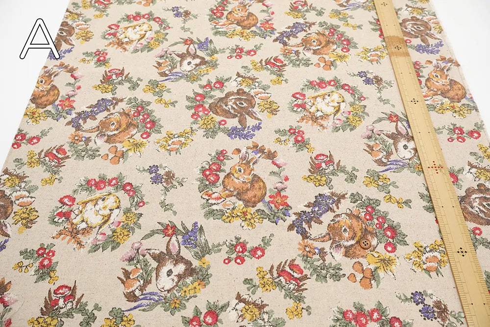 C/L Canvas Printed Fabric - Gobelin-Style - Flowers and Rabbits - nomura tailor