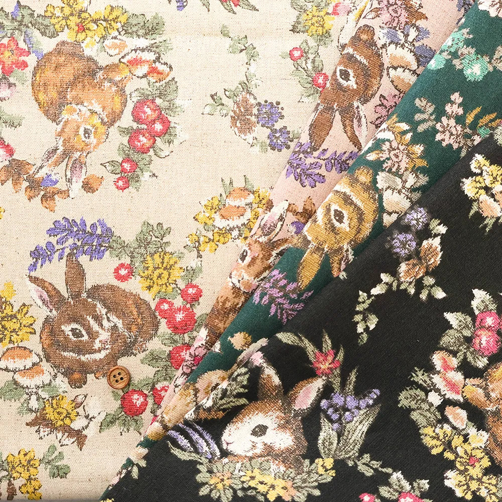 C/L Canvas Printed Fabric - Gobelin-Style - Flowers and Rabbits - nomura tailor