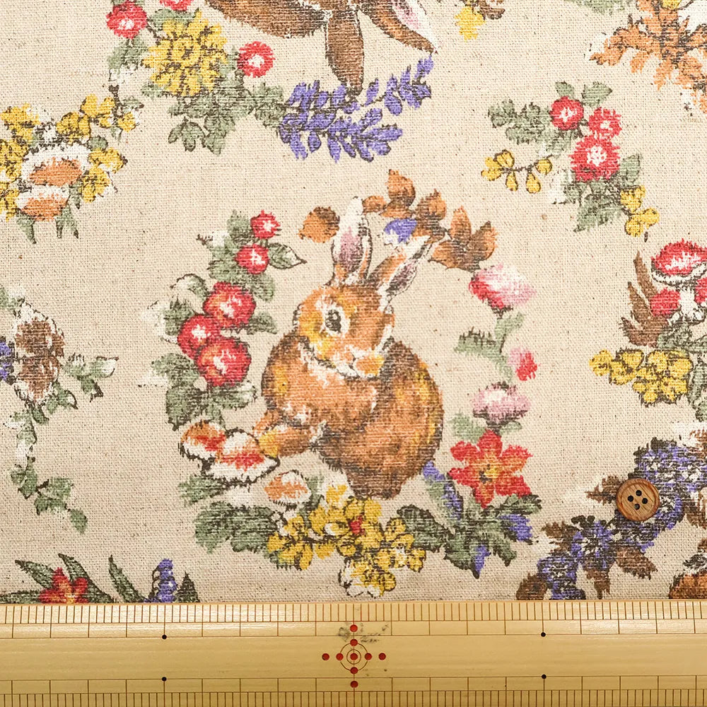 C/L Canvas Printed Fabric - Gobelin-Style - Flowers and Rabbits - nomura tailor