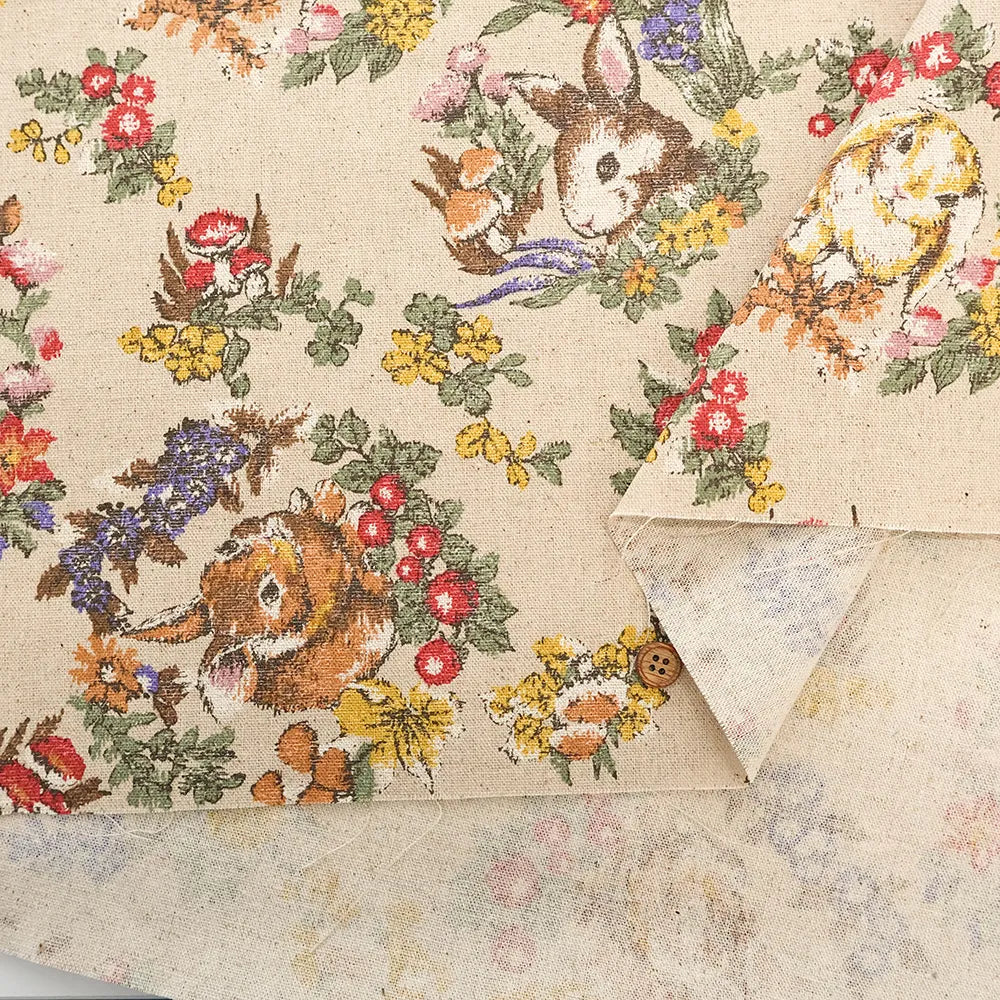 C/L Canvas Printed Fabric - Gobelin-Style - Flowers and Rabbits - nomura tailor