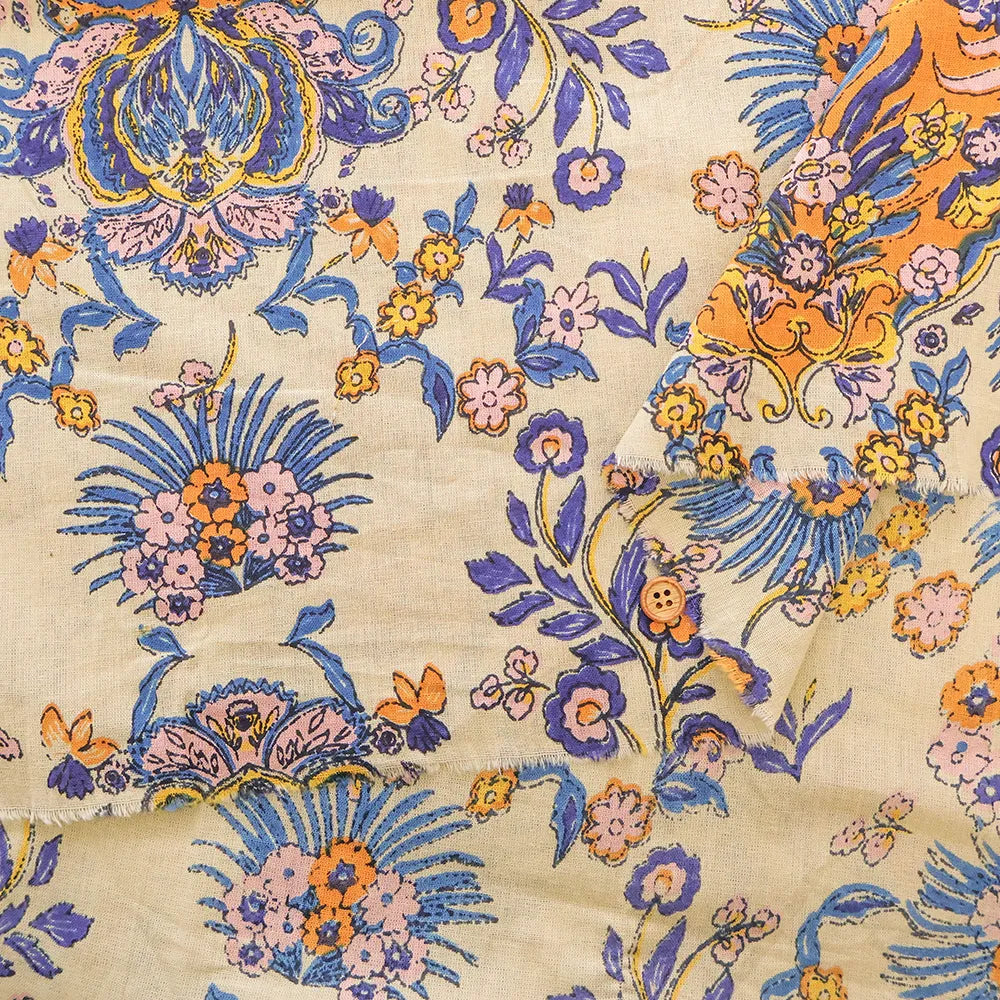 Made in India Cotton Sheeting printed Fabric - Ethnic Flower Motif - nomura tailor