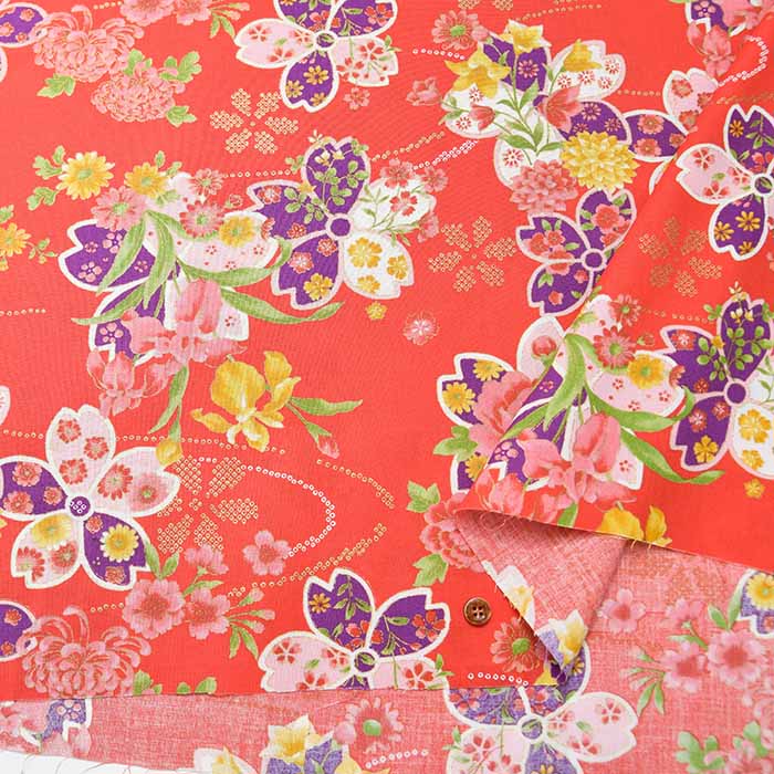 Cotton Scare Lamé Printed Fabric, Japanese Style, Cherry Blossom - nomura tailor