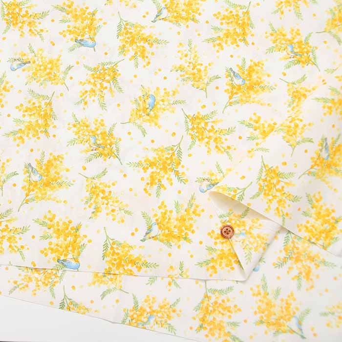 Cotton broadcloth print fabric with birds and mimosa - nomura tailor