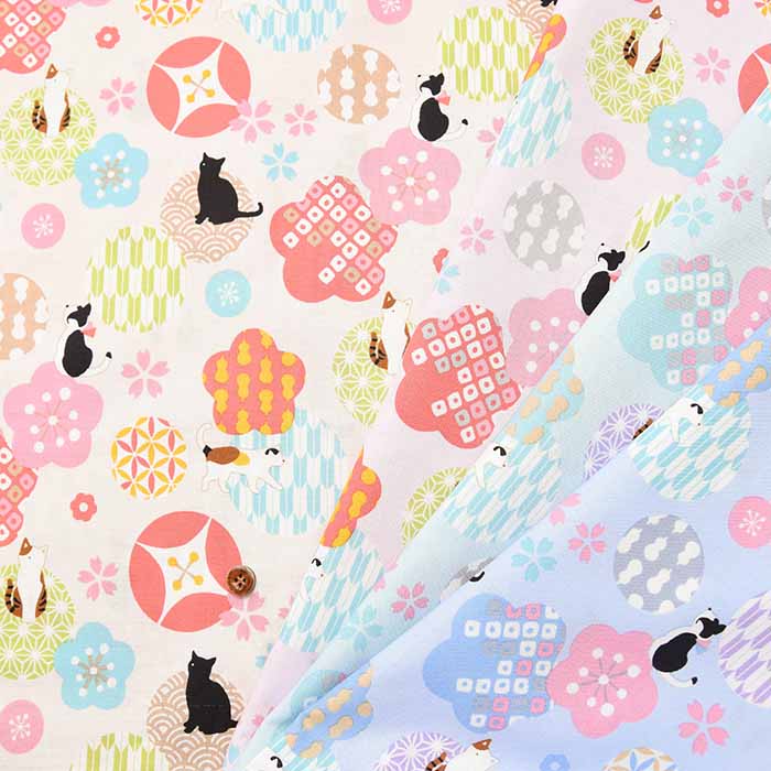 Cotton sheeting print fabric WA Monogatari Umezakura Cat - nomura tailor