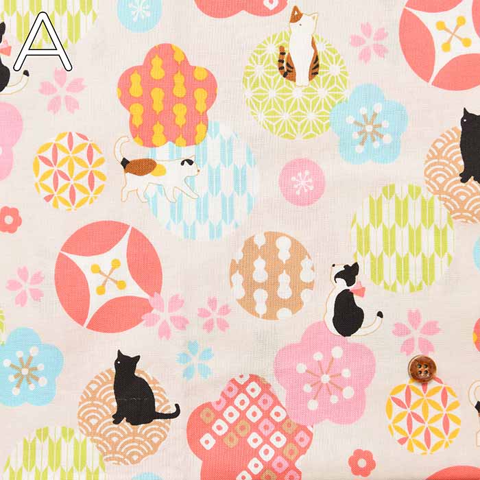 Cotton sheeting print fabric WA Monogatari Umezakura Cat - nomura tailor