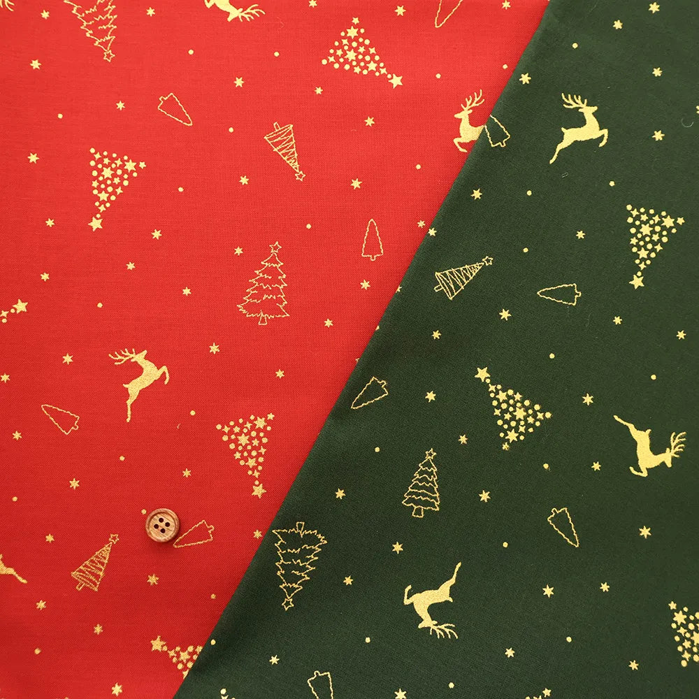 Cotton Shirting Lame (Glitter) Printed Fabric - Christmas Trees and Reindeer - nomura tailor