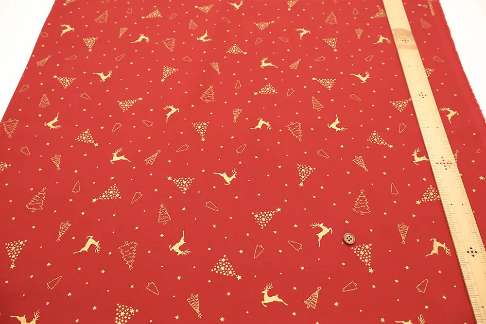 Cotton Shirting Lame (Glitter) Printed Fabric - Christmas Trees and Reindeer - nomura tailor
