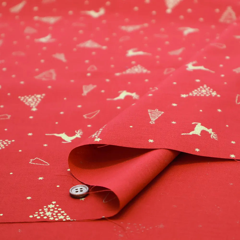Cotton Shirting Lame (Glitter) Printed Fabric - Christmas Trees and Reindeer - nomura tailor