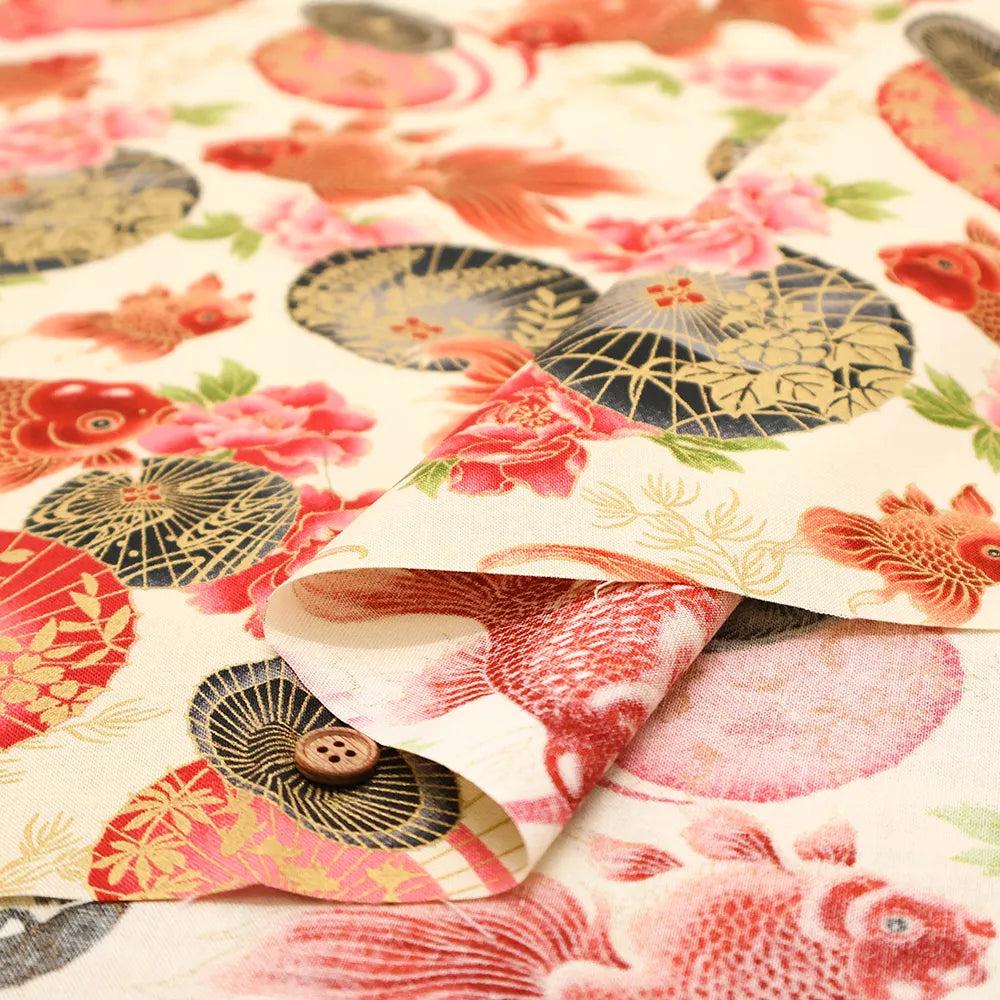 Cotton Sheeting printed Fabric - Blooming Orchids 金魚と番傘 - nomura tailor