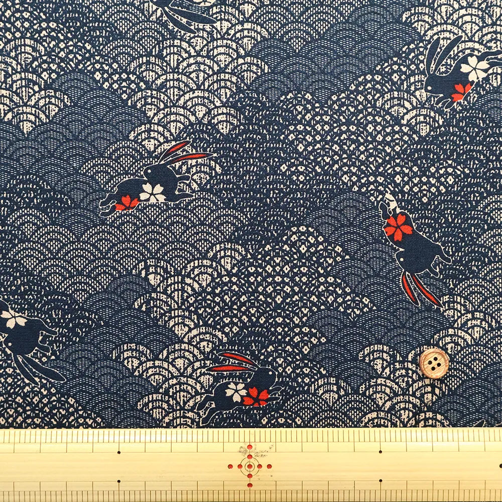 Cotton Sheeting printed Fabric - Japanese-style Seigaiha Rabbits - nomura tailor