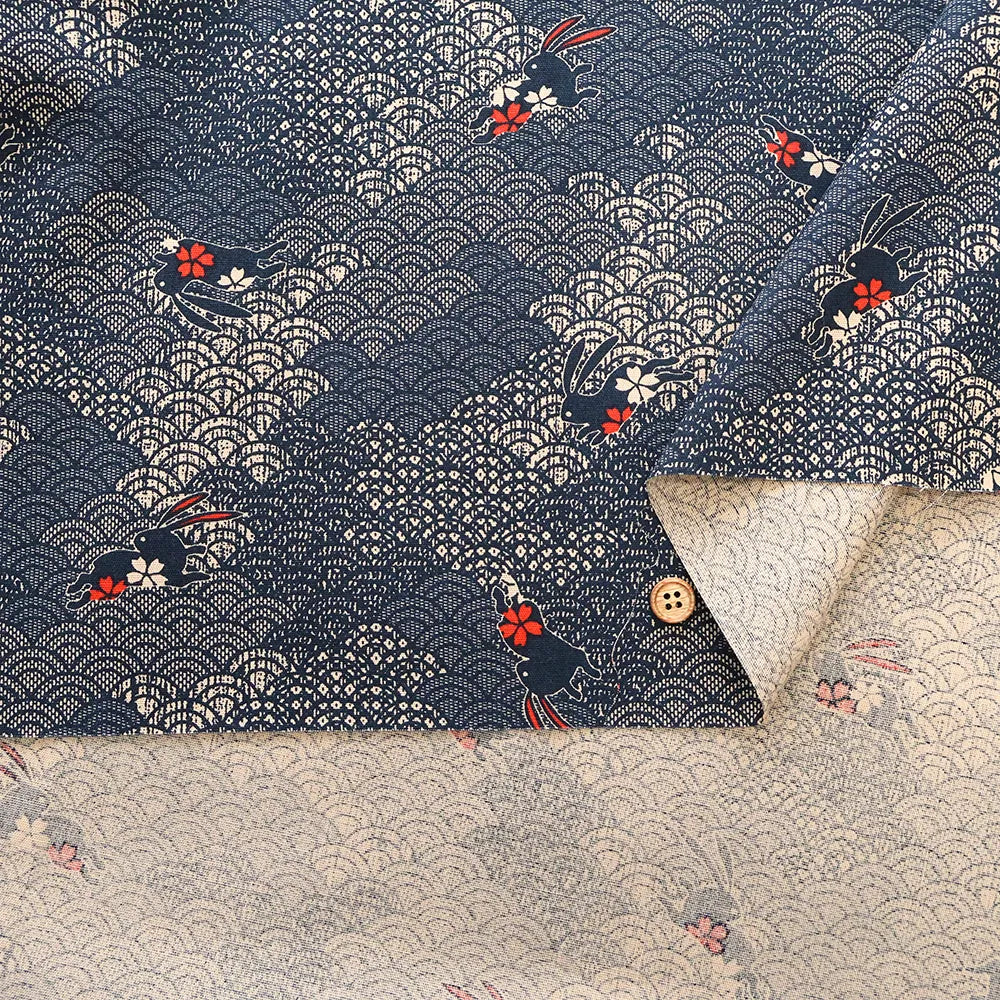 Cotton Sheeting printed Fabric - Japanese-style Seigaiha Rabbits - nomura tailor