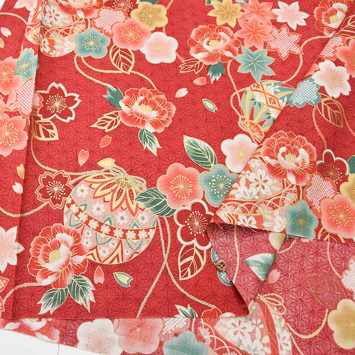 Cotton chinese Grame Printed Fabric Maple Leaves and Balls - nomura tailor