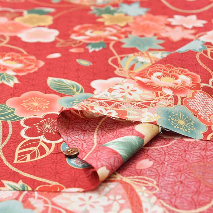 Cotton chinese Grame Printed Fabric Maple Leaves and Balls - nomura tailor