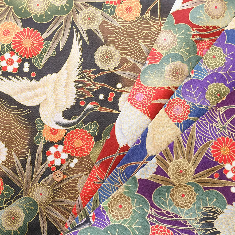 Cotton Sharting Lame (Glitter) Printed Fabric - Crane - nomura tailor