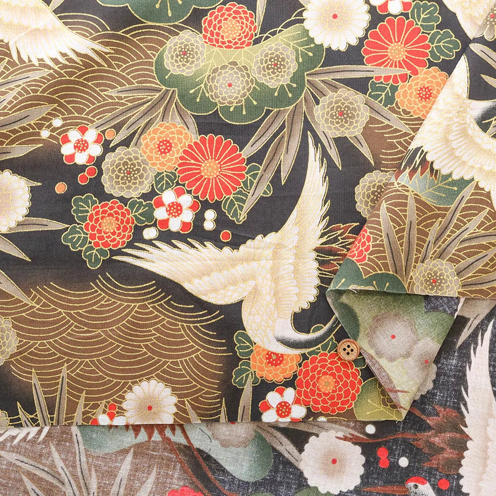 Cotton Sharting Lame (Glitter) Printed Fabric - Crane - nomura tailor