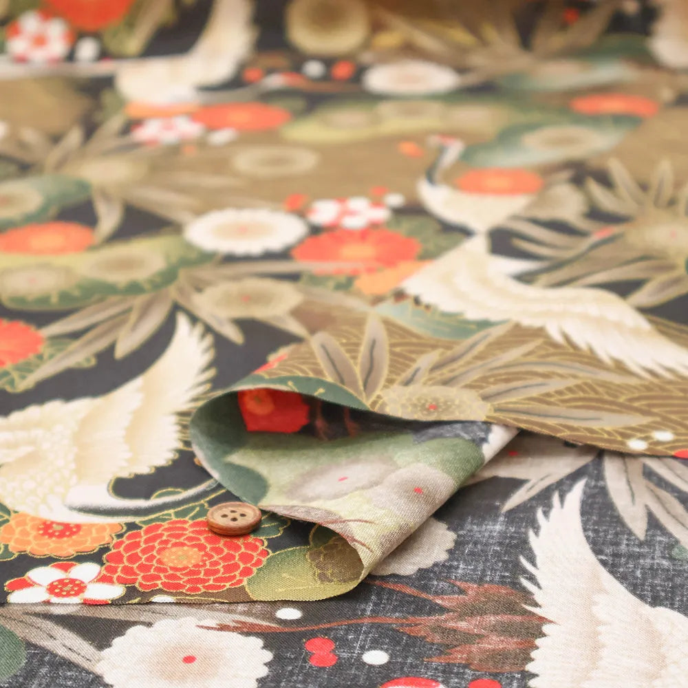 Cotton Sharting Lame (Glitter) Printed Fabric - Crane - nomura tailor
